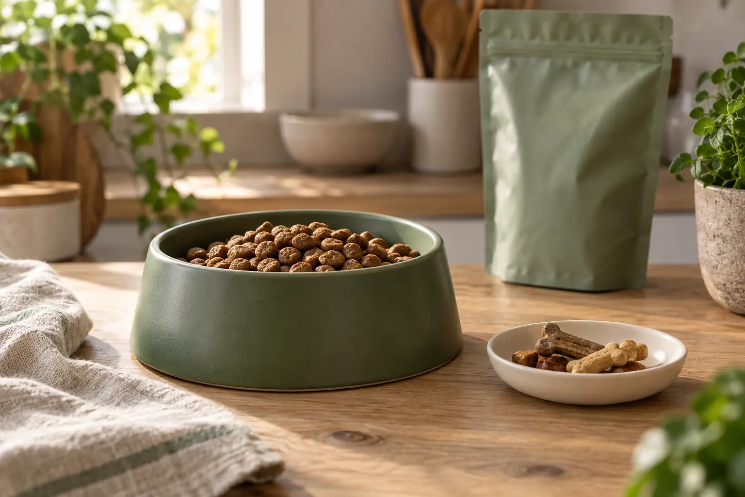 Ein gefüllter Futternapf und eine kleine separate Schale mit Hundesnacks