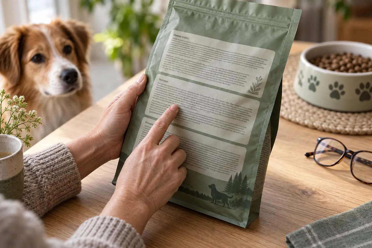 Hände halten eine Futterverpackung mit mehreren Informationsblöcken auf der Rückseite