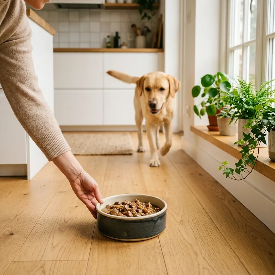 Ein Hund wartet, während sein Futternapf bereitgestellt wird
