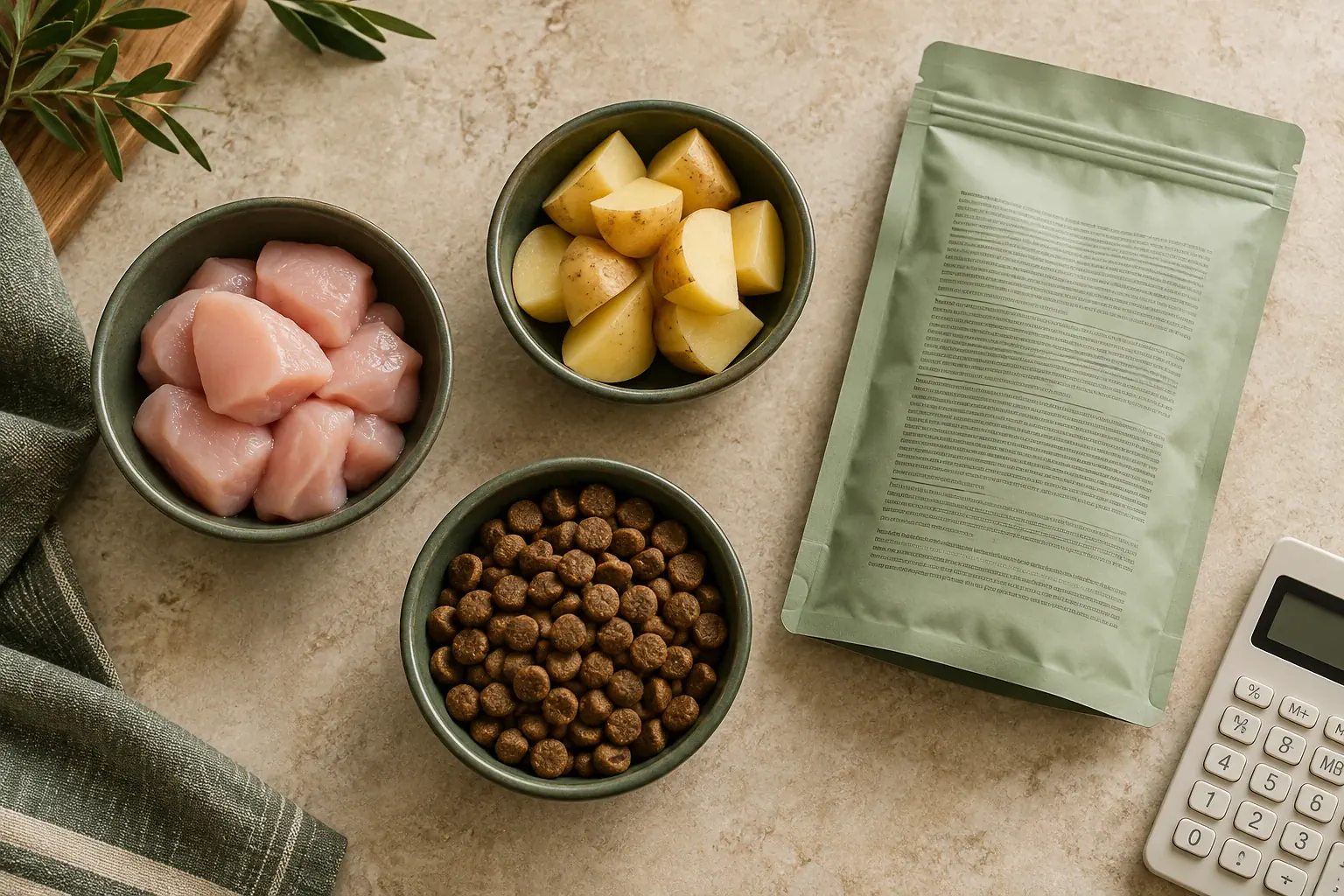 Futterzutaten und Trockenfutter neben einem Taschenrechner