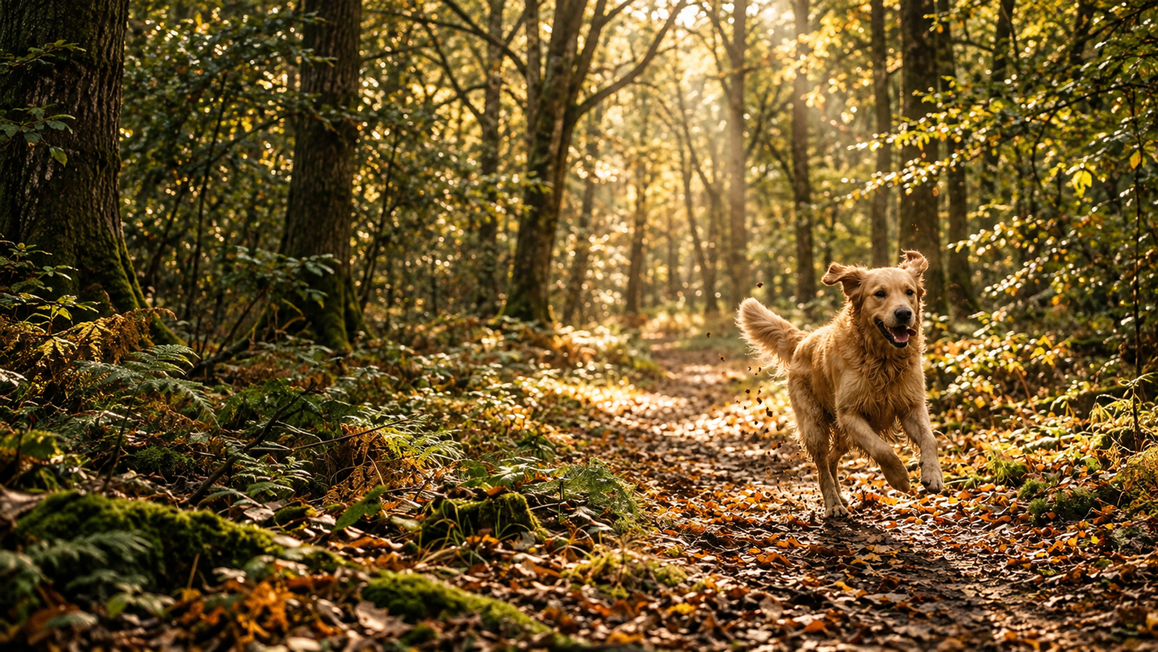 Hund läuft durch einen sonnigen Wald